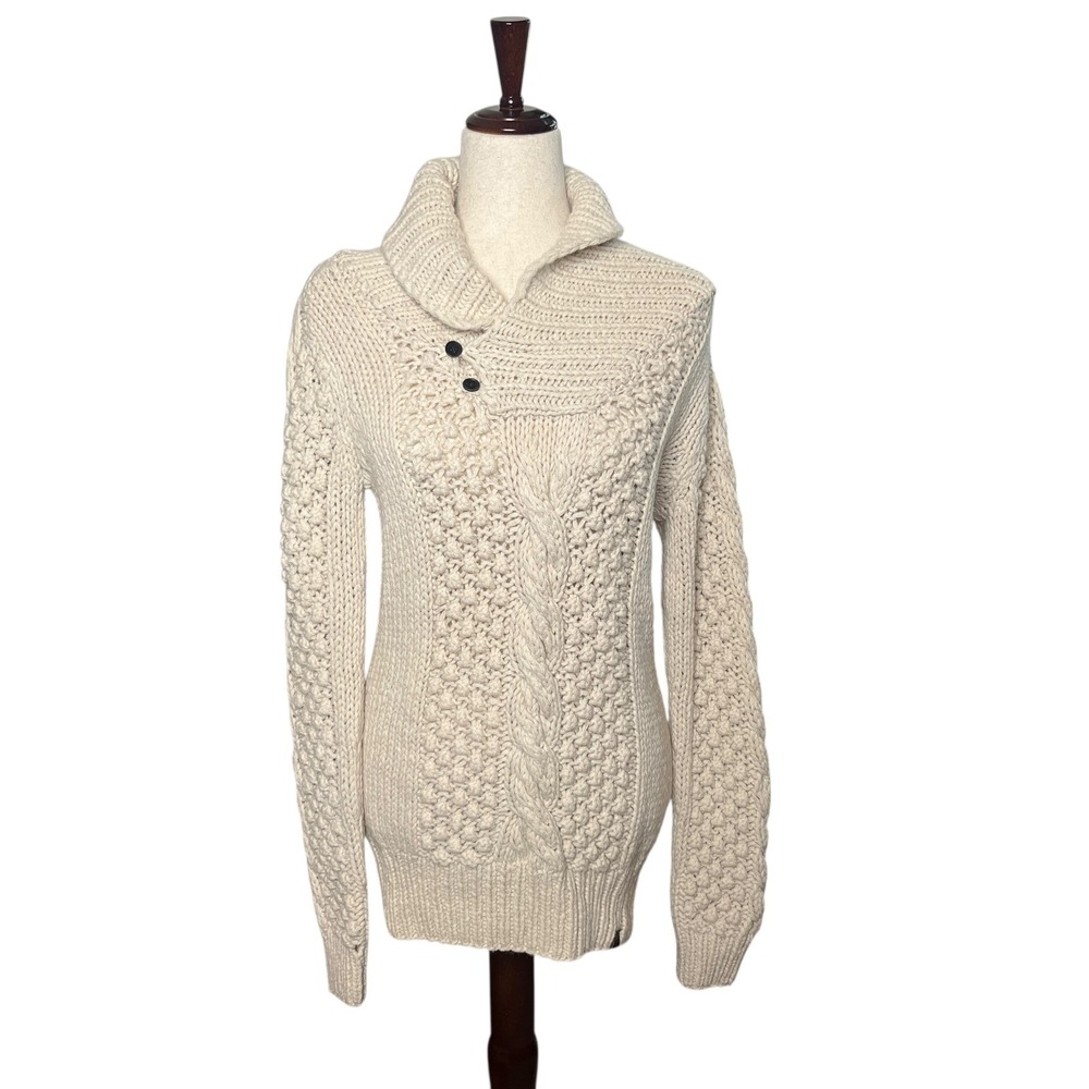 Timberland Wool Cable Knit Shawl Collar Chunky Sweater Womens S Slim Fit *Flaw*
